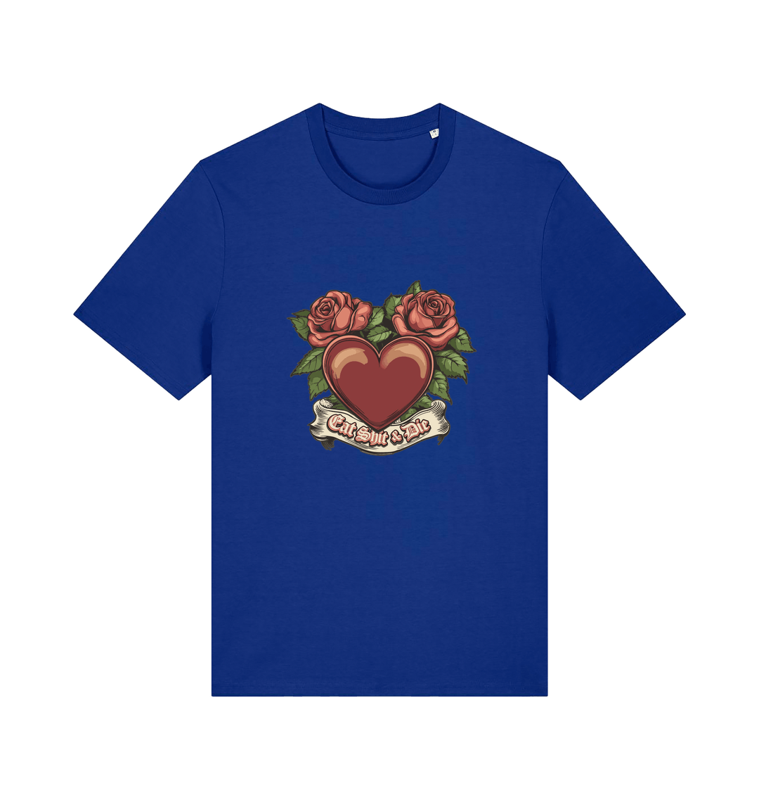blue offensive t-shirt with a heart and roses graphic and the slogan 'eat shit and die'