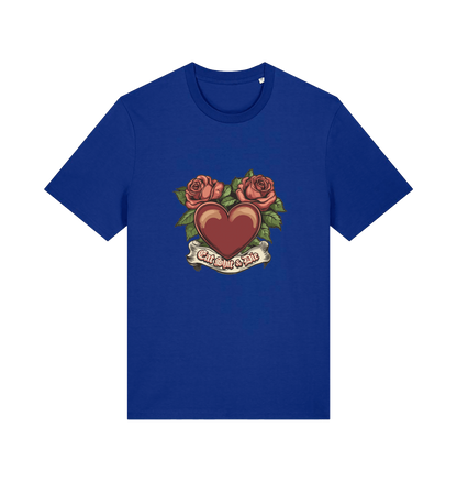 blue offensive t-shirt with a heart and roses graphic and the slogan 'eat shit and die'