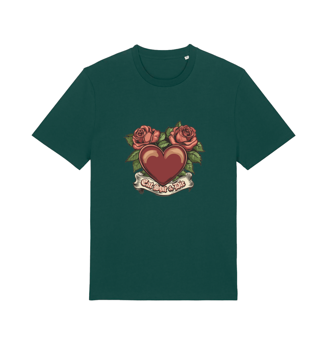 green offensive t-shirt with a heart and roses graphic and the slogan 'eat shit and die'