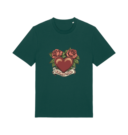 green offensive t-shirt with a heart and roses graphic and the slogan 'eat shit and die'