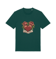 green offensive t-shirt with a heart and roses graphic and the slogan 'eat shit and die'