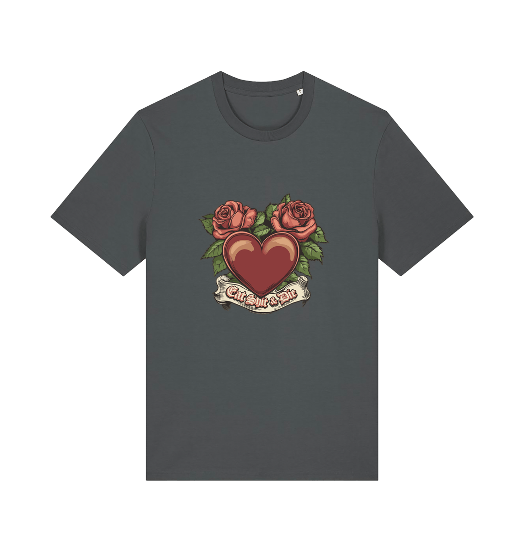 grey offensive t-shirt with a heart and roses graphic and the slogan 'eat shit and die'