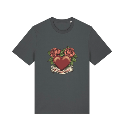 grey offensive t-shirt with a heart and roses graphic and the slogan 'eat shit and die'