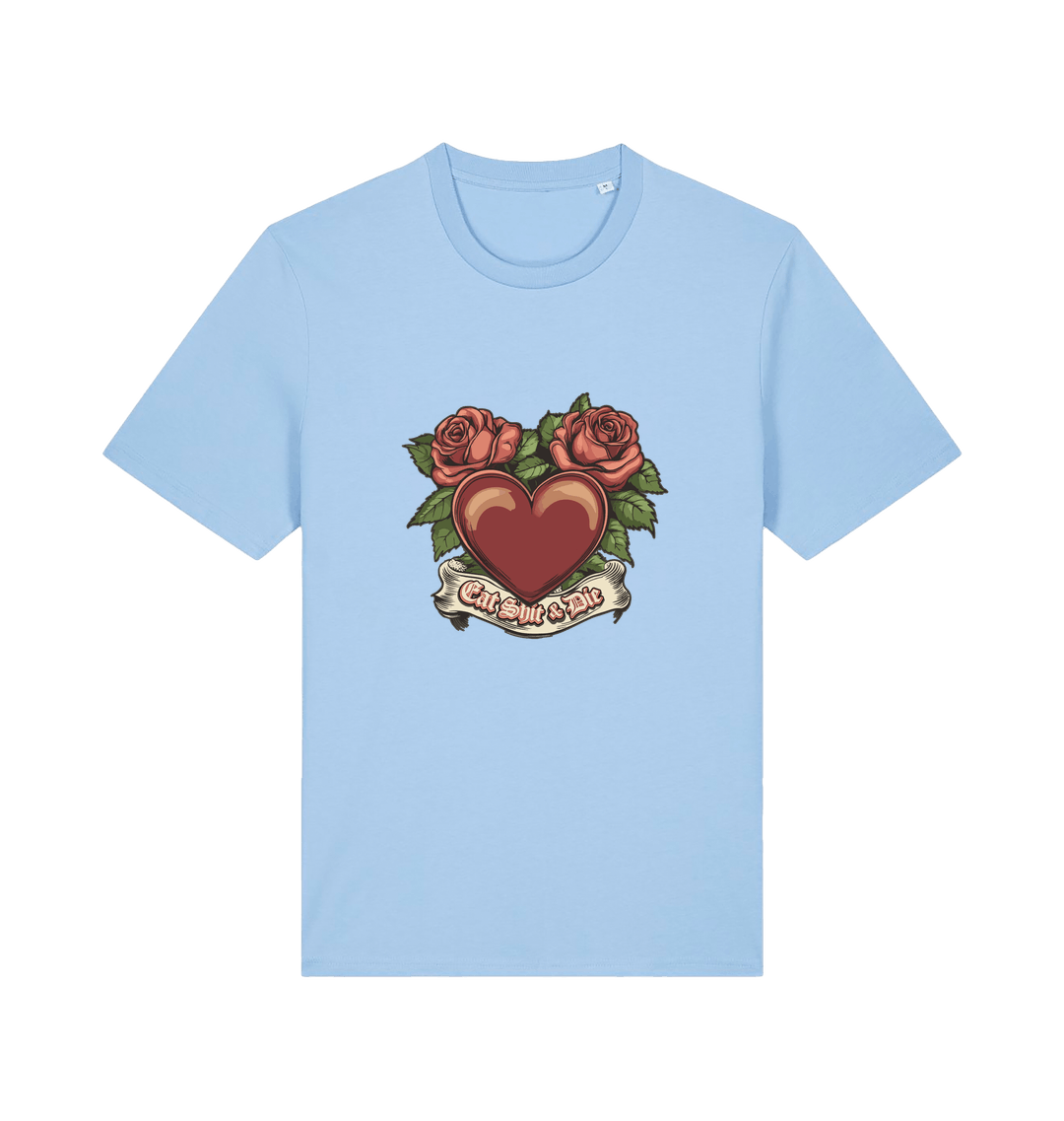 light blue offensive t-shirt with a heart and roses graphic and the slogan 'eat shit and die'