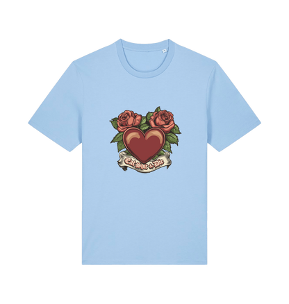 light blue offensive t-shirt with a heart and roses graphic and the slogan 'eat shit and die'