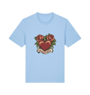 light blue offensive t-shirt with a heart and roses graphic and the slogan 'eat shit and die'
