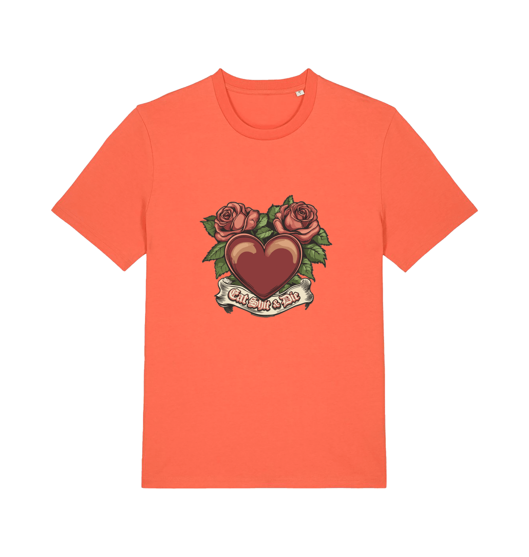 orange offensive t-shirt with a heart and roses graphic and the slogan 'eat shit and die'