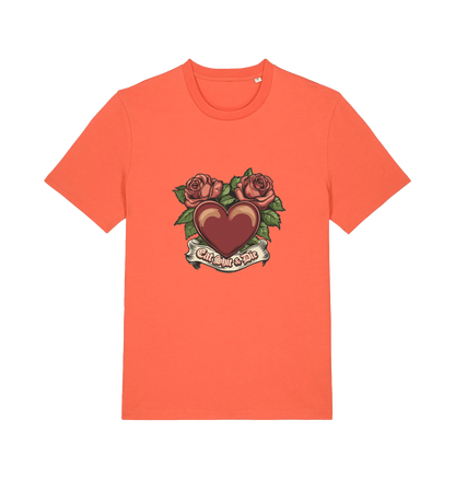 orange offensive t-shirt with a heart and roses graphic and the slogan 'eat shit and die'