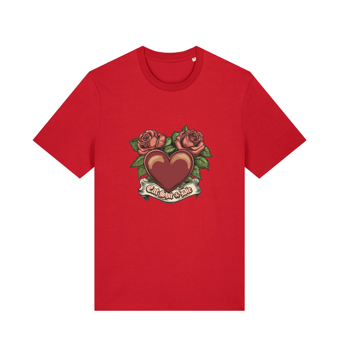 red offensive t-shirt with a heart and roses graphic and the slogan 'eat shit and die'