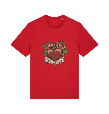 red offensive t-shirt with a heart and roses graphic and the slogan 'eat shit and die'