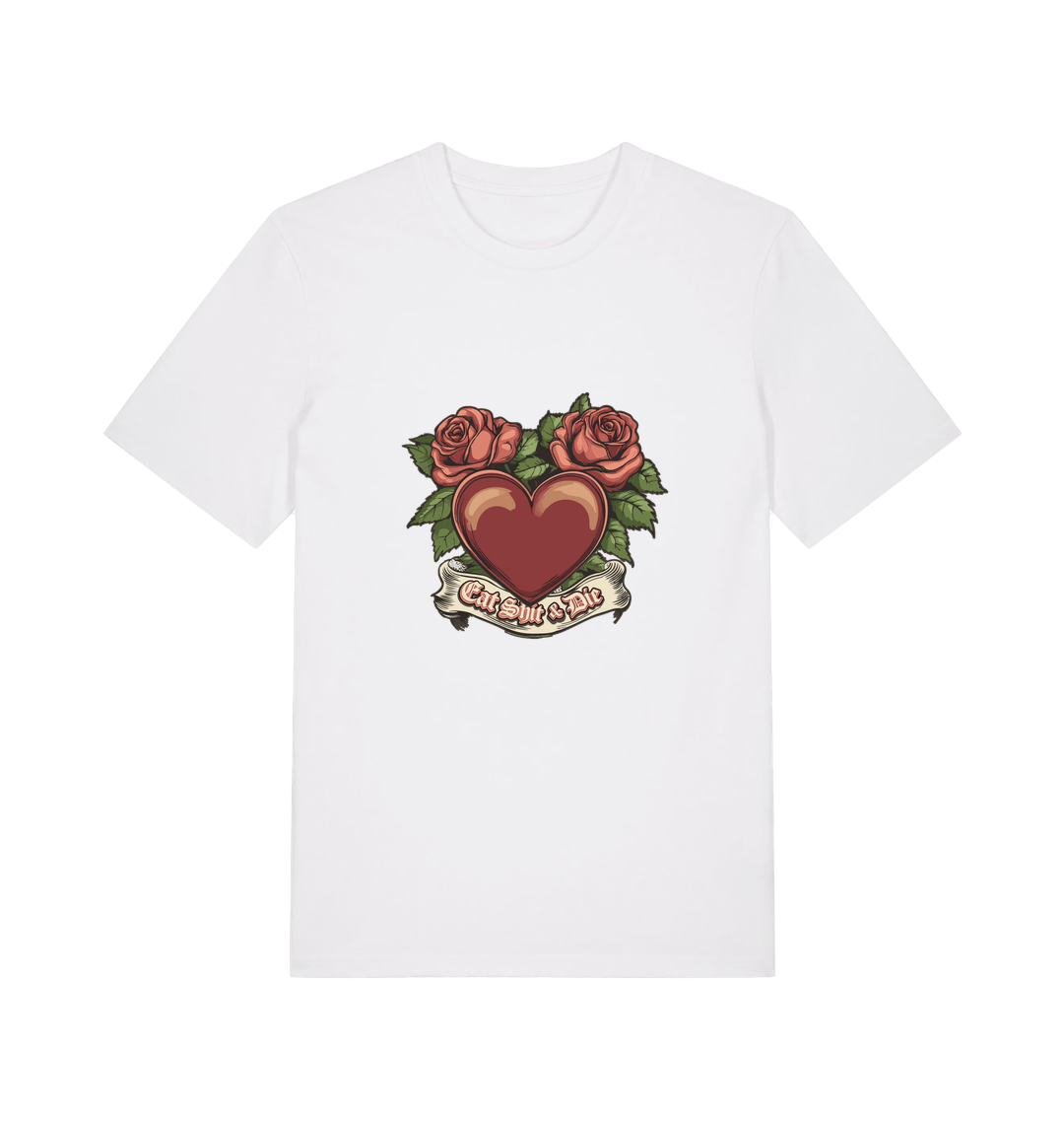white offensive t-shirt with a heart and roses graphic and the slogan 'eat shit and die'