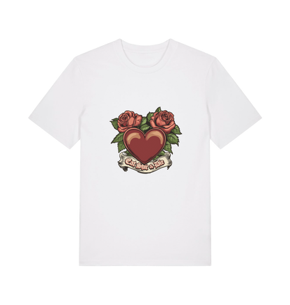 white offensive t-shirt with a heart and roses graphic and the slogan 'eat shit and die'
