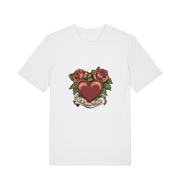 white offensive t-shirt with a heart and roses graphic and the slogan 'eat shit and die'