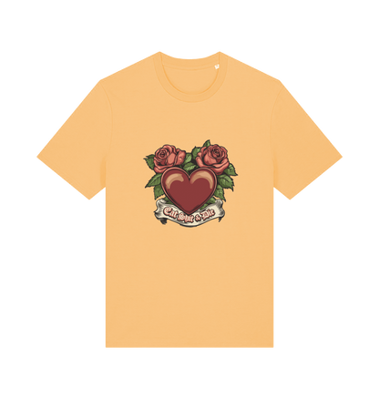 yellow offensive t-shirt with a heart and roses graphic and the slogan 'eat shit and die'