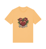 yellow offensive t-shirt with a heart and roses graphic and the slogan 'eat shit and die'
