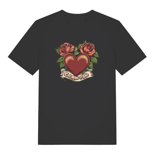 Black funny offensive t-shirt with a heart and roses design and the slogan 'eat shit and die'