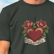 Black offensive tattoo t-shirt with a heart and roses design and the text 