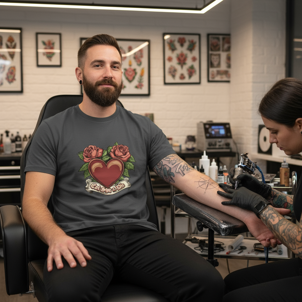 Man getting a tattoo in a tattoo parlor with a tattoo artist working on his arm.