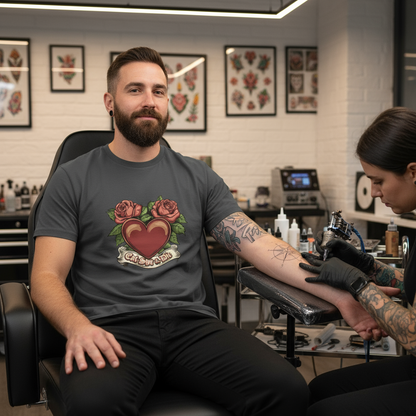 Man getting a tattoo in a tattoo parlor with a tattoo artist working on his arm.