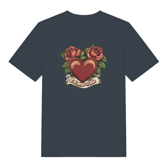ink grey funny offensive t-shirt with a heart and roses design and the slogan 'eat shit and die'