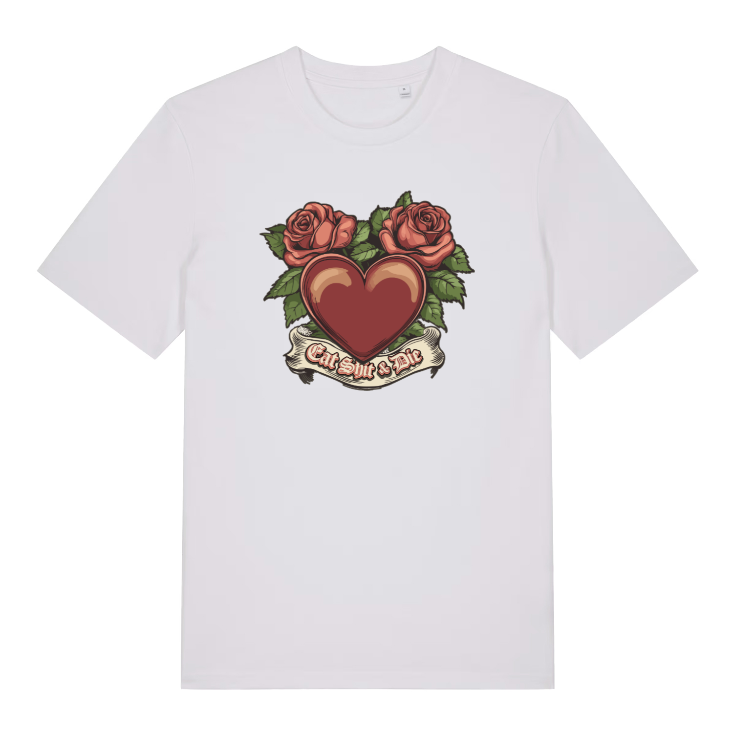 white funny offensive t-shirt with a heart and roses design and the slogan 'eat shit and die'