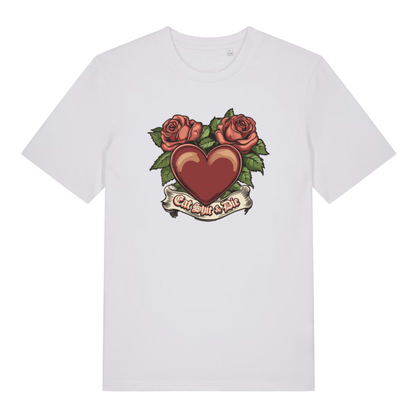white funny offensive t-shirt with a heart and roses design and the slogan 'eat shit and die'