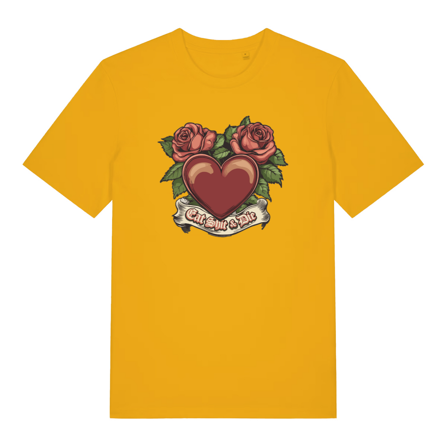 yellow funny offensive t-shirt with a heart and roses design and the slogan 'eat shit and die'