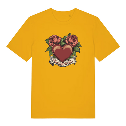 yellow funny offensive t-shirt with a heart and roses design and the slogan 'eat shit and die'