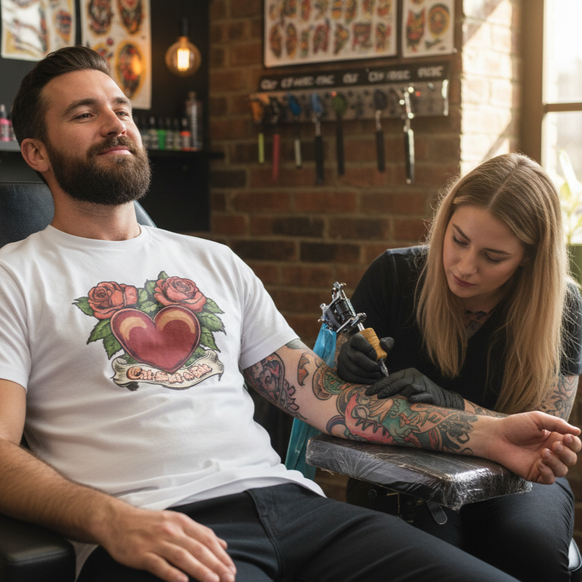 Man getting a tattoo in a tattoo parlor with a tattoo artist working on his arm.