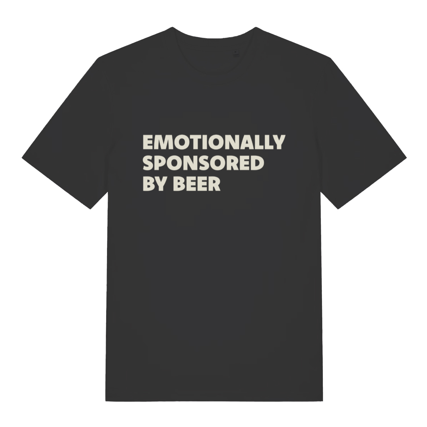 black funny slogan t-shirt with the text 'emotionally sponsored by beer'