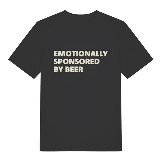 black funny slogan t-shirt with the text 'emotionally sponsored by beer'