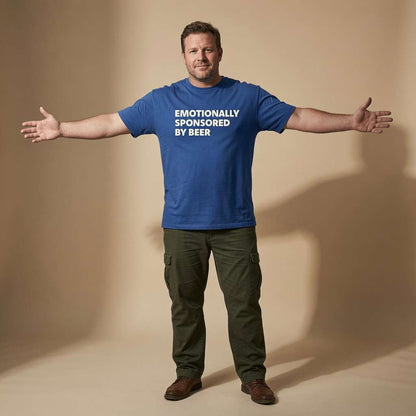 Man with arms wide open in blue Emotionally Sponsored By Beer tee, fun pub banter mens beer slogan