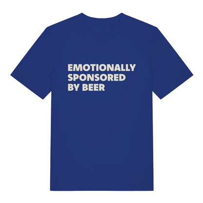 blue funny slogan t-shirt with the text 'emotionally sponsored by beer'