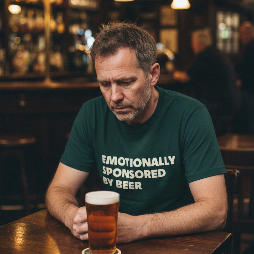 Man sitting at a bar with a beer, wearing a green t-shirt with text.