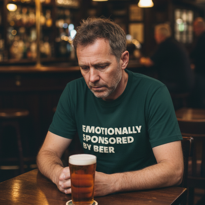 Man sitting at a bar with a beer, wearing a green t-shirt with text.