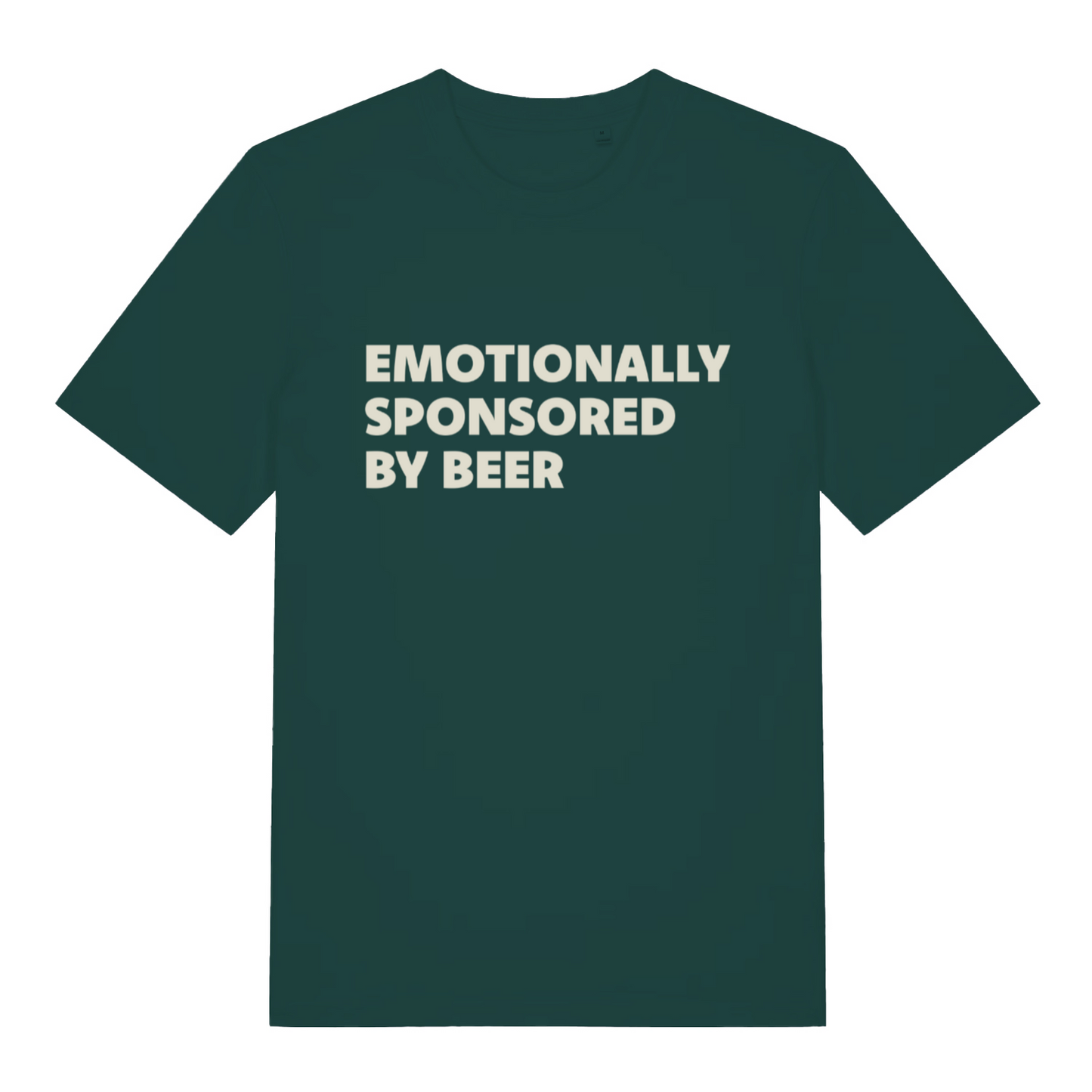 green funny slogan t-shirt with the text 'emotionally sponsored by beer'