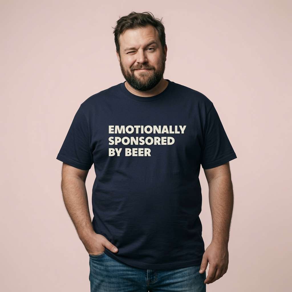 Bearded man winking with hand in pocket in navy Emotionally Sponsored By Beer t-shirt, fun beer banter dad gift