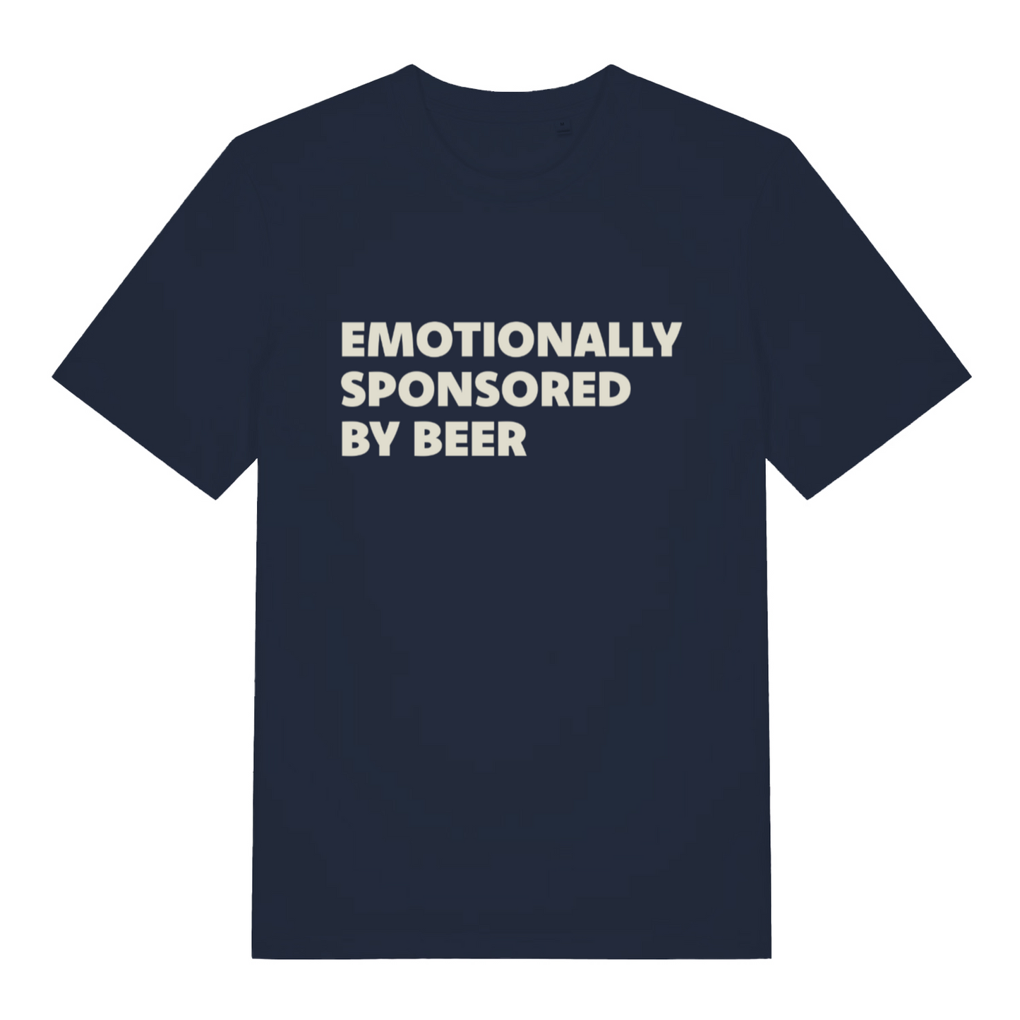 navy funny slogan t-shirt with the text 'emotionally sponsored by beer'
