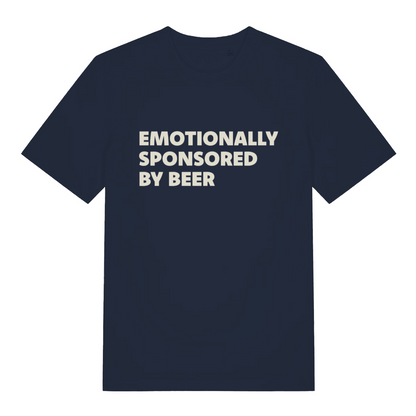 navy funny slogan t-shirt with the text 'emotionally sponsored by beer'