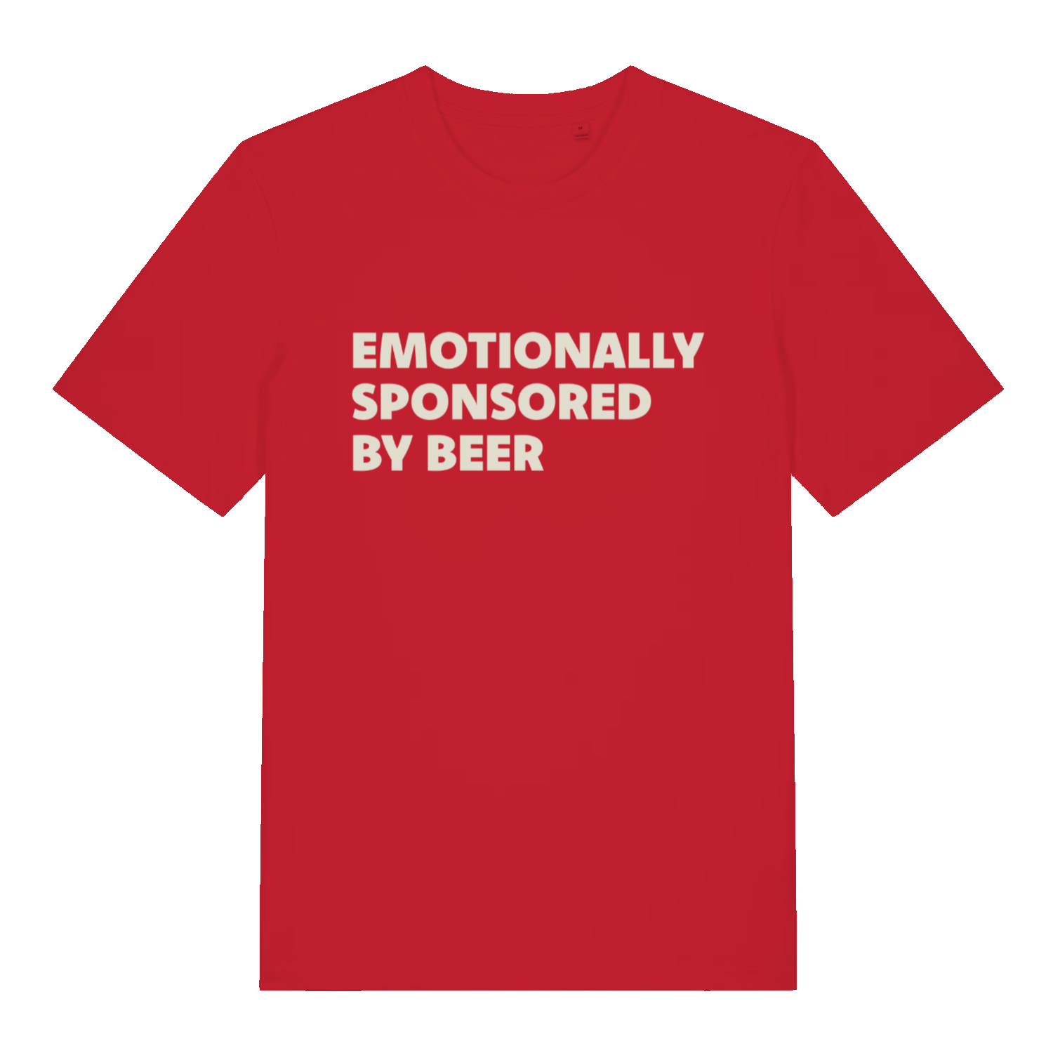 red funny slogan t-shirt with the text 'emotionally sponsored by beer'