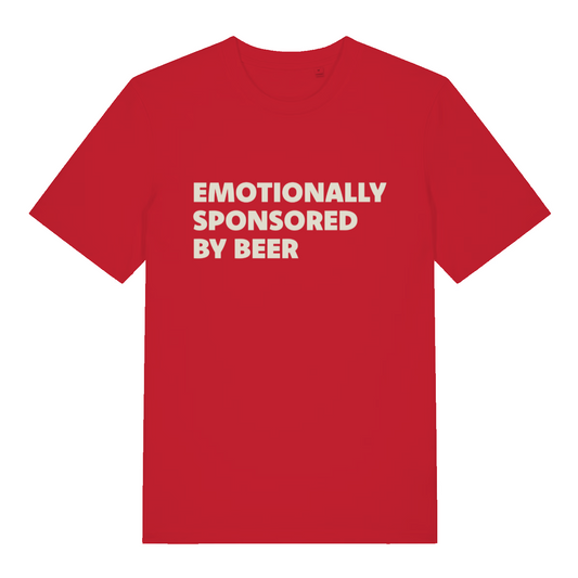 red funny slogan t-shirt with the text 'emotionally sponsored by beer'