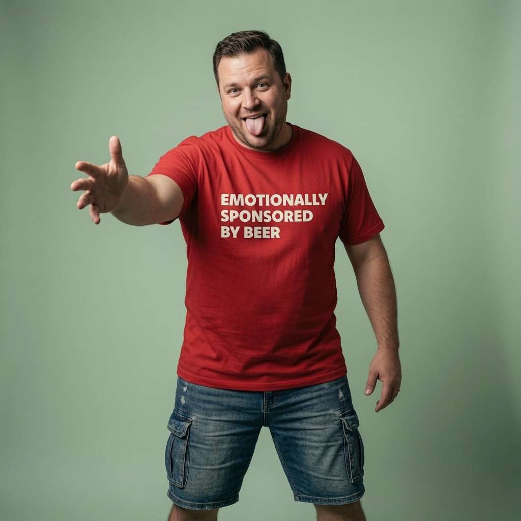 Man sticking tongue out and reaching forward in red Emotionally Sponsored By Beer t-shirt, mens fun pub banter