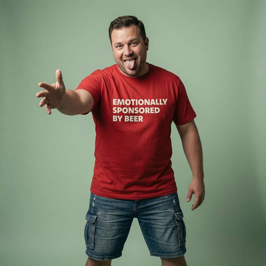 Man sticking tongue out and reaching forward in red Emotionally Sponsored By Beer t-shirt, mens fun pub banter