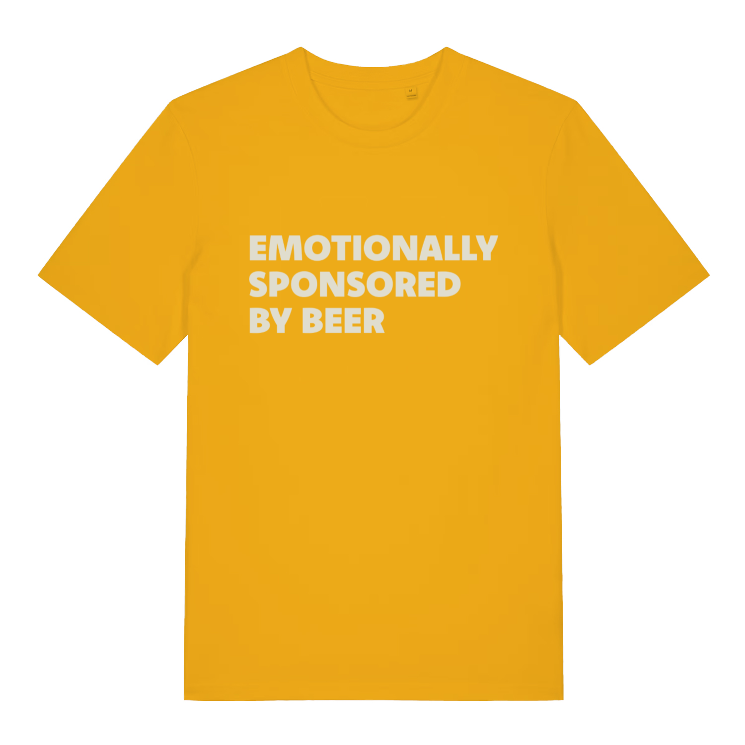 yellow funny slogan t-shirt with the text 'emotionally sponsored by beer'