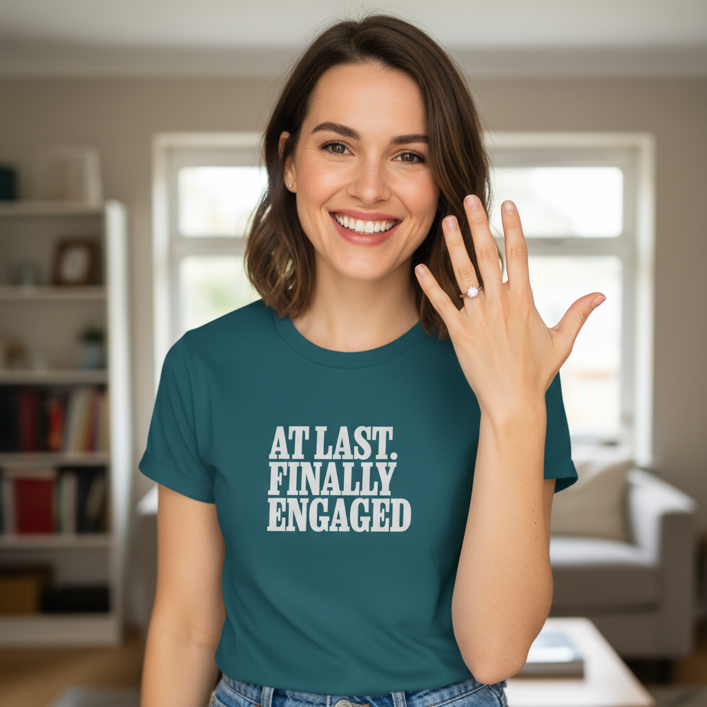 Woman wearing a teal t-shirt with 'AT LAST, FINALLY ENGAGED' text, indoors.