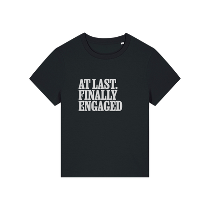black matching t-shirt with the slogan 'at last finally engaged'
