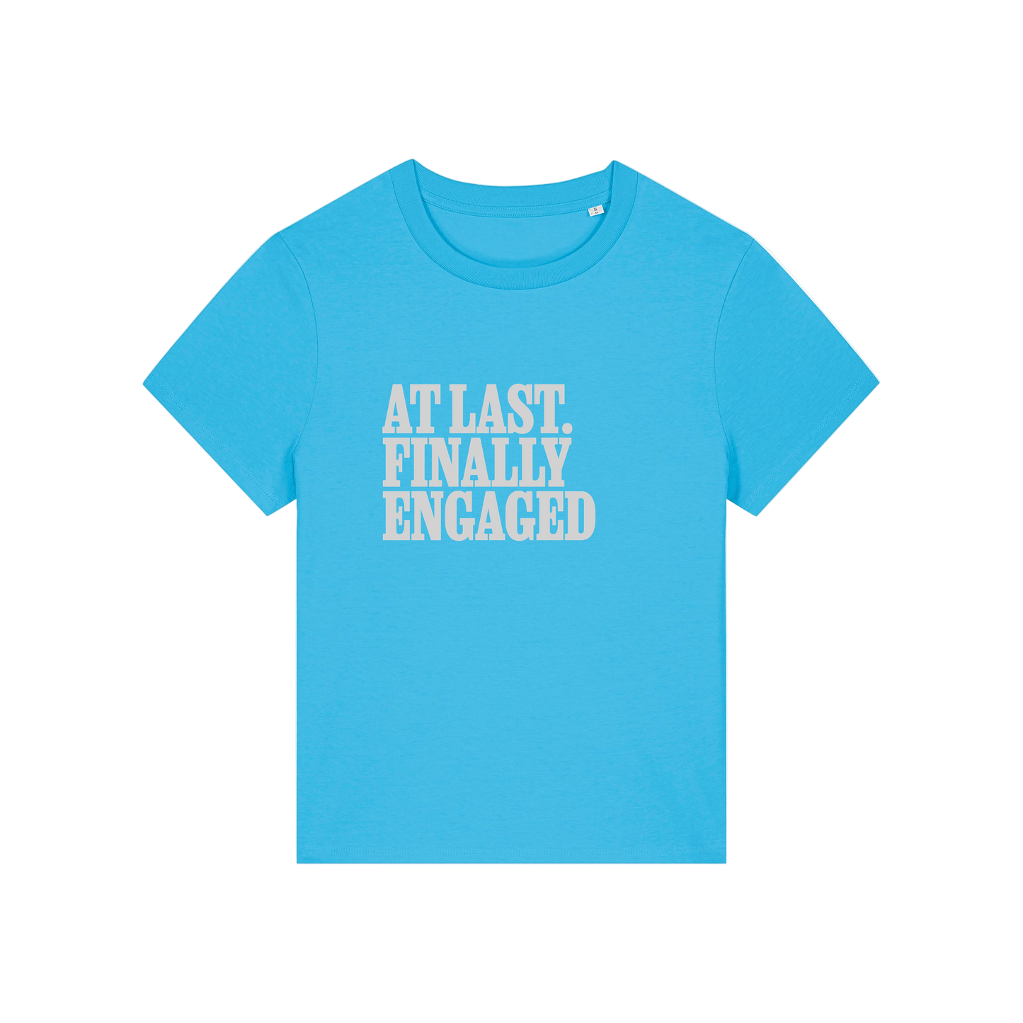 blue matching t-shirt with the slogan 'at last finally engaged'