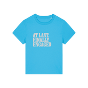 blue matching t-shirt with the slogan 'at last finally engaged'