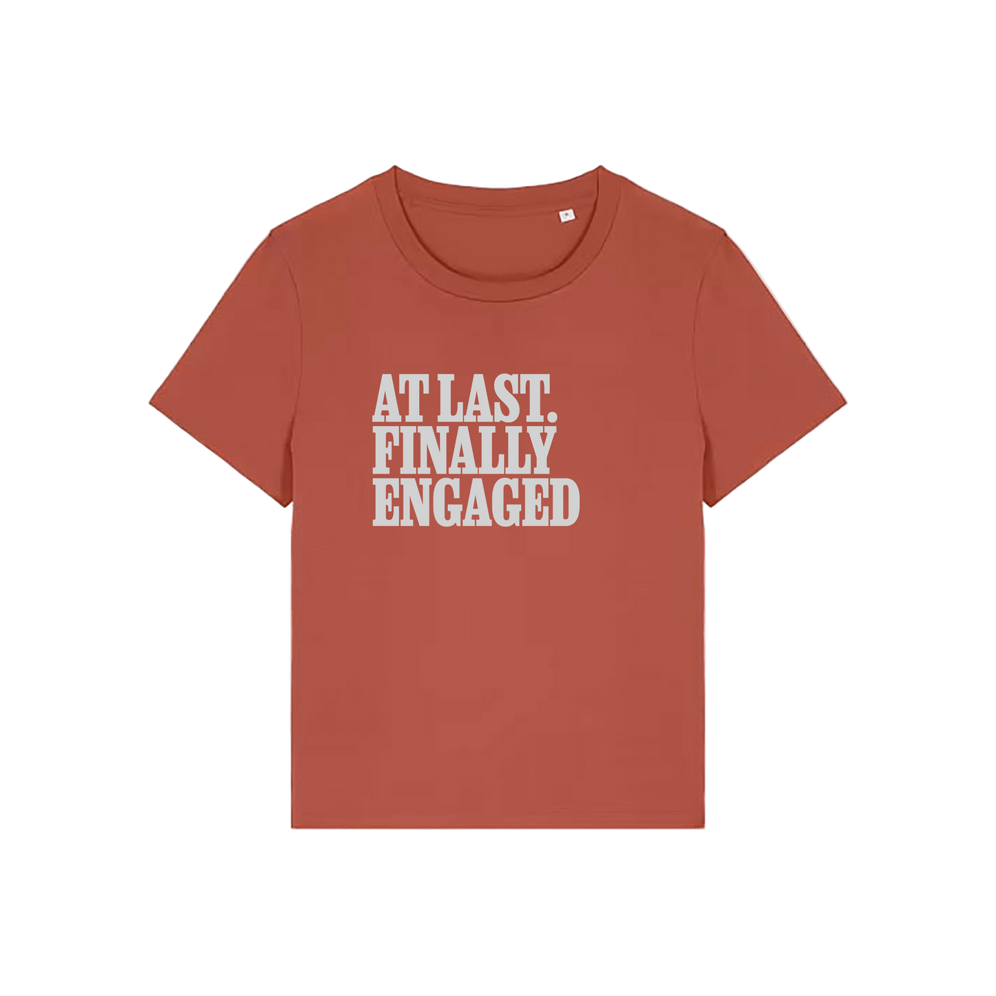 brown matching t-shirt with the slogan 'at last finally engaged'