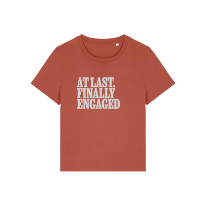 brown matching t-shirt with the slogan 'at last finally engaged'